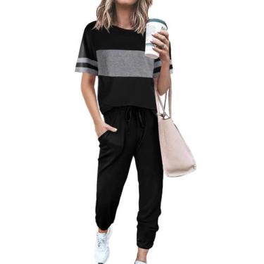 Imagem de Conjunto de Moletom PRETTYGARDEN Feminino Listrado Preto Médio