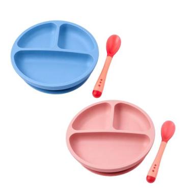 Imagem de Kit Prato Silicone Bebe Com Ventosa 20cm Mais Colher Cor:Rosa - arts, 