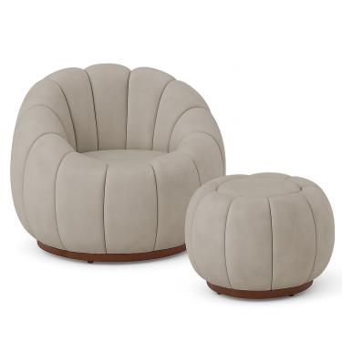 Imagem de Poltrona Decorativa Orgânica Fixa com Puff Nuvem Boucle Confortável Bege para Sala de E...