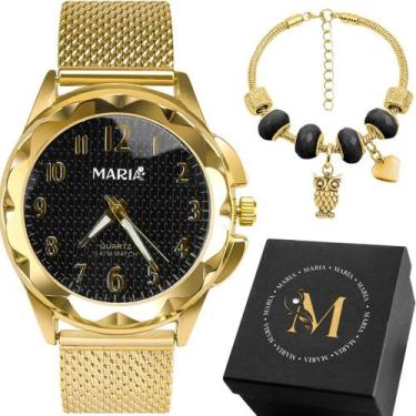 Imagem de Relogio Feminino Dourado Banhado Aço Inox + Pulseira + Caixa casual in