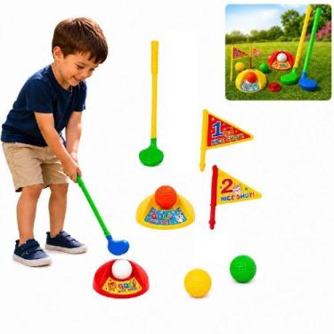 Imagem de Jogo golfe infantil completo kit 2 tacos bandeiras buraco alvo 4 bolin