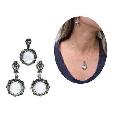 Imagem de Conjunto Brinco Pingente Cristal Briolet Prata 925 J24429 - MV Joias, 