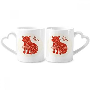Imagem de Ano de Tigre Animal China Zodíaco Vermelho Casal Conjunto de Caneca Cerâmica Amante Copo Coração Punho