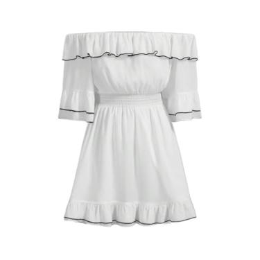 Imagem de Camisa Feminina Off Shoulder Ruffle Trim Ruffle Hem Dress (Color : White, Size : L)