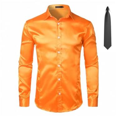 Imagem de ZMIN Camisa masculina de cetim de seda dourada com 2 peças (camisa + gravata) camisa masculina masculina com botões para festa de casamento, Laranja - 1, G