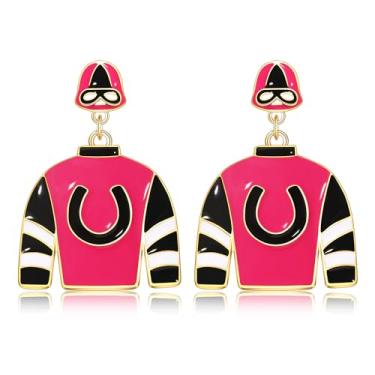 Imagem de Brincos Kentucky Derby para mulheres, traje de equitação Derby, brincos de ferradura, dia de corrida de cavalos, brincos com pingente de gota de flor rosa Kentucky Derby, acessórios para roupas e