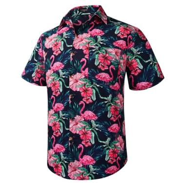 Imagem de Camisa masculina havaiana Enlison manga curta casual verão praia Aloha camisa floral abotoada tropical Havaí camisas, Rosa choque floral azul-marinho, 3G