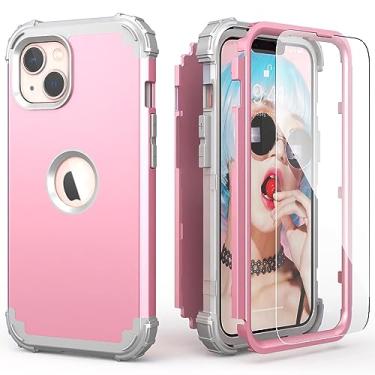 Imagem de IDweel Capa para iPhone 13 com protetor de tela de vidro temperado, híbrido 3 em 1 à prova de choque, proteção resistente, capa de policarbonato rígido de silicone macio, resistente, durável, para-choque, capa inteira, rosa/cinza claro