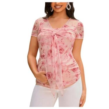 Imagem de MakeMeChic Camiseta feminina de maternidade, estampa floral, manga curta, amarrada na frente, malha para gravidez, rosa, GG