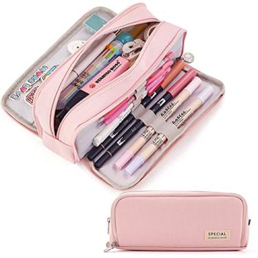 Imagem de Estojo para lápis de grande capacidade CICICIMELON com 3 compartimentos, bolsa para caneta para escola, adolescentes, meninos e mulheres (rosa)