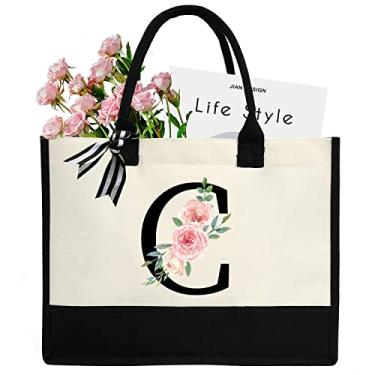 Imagem de DEEZOMO Sacola feminina de lona com inicial personalizada, bolsa de praia com bolso interno com zíper para casamento, aniversário, feriado, C