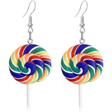 Imagem de JNONL Brincos de gota com pingente de pirulito rotativo e contrastante, adoráveis, personalizados, com desenho colorido, arco-íris, resina para mulheres, joias e presentes, argila de polímero, Sem