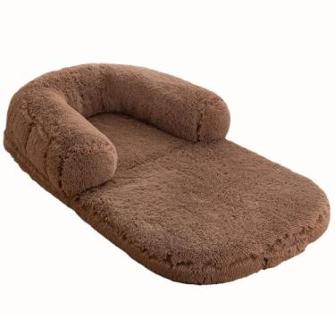 Imagem de Cama de cachorro humana ajustável, cama gigante de pele sintética de luxo para cachorro, tamanho humano, com alça portátil, cama de cachorro de espuma ortopédica de ovo lavável(Khaki)