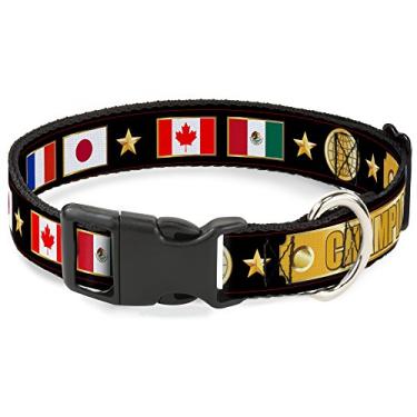 Imagem de Buckle-Down Coleira com clipe de plástico "Champion Belt/Flags/Stars" preto/dourado, 2,54 cm de largura para pescoços de 23 a 38 cm