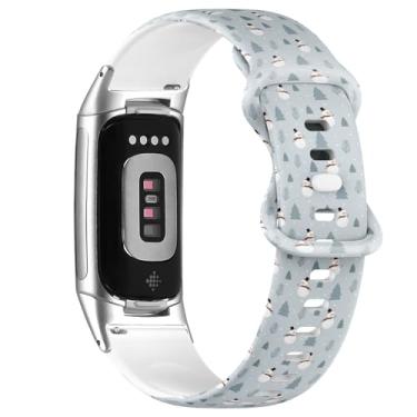 Imagem de Pulseira esportiva macia compatível com Fitbit Charge 5/Fitbit Charge 6 (boneco de neve de Natal pinheiro) para mulheres e homens
