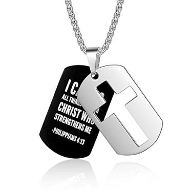 Imagem de Colar de placa de identificação de cachorro para homens versículo da Bíblia pingente de cruz corrente de aço inoxidável 61 cm inspiradora joia cristã significativo presente religioso para meninos, Aço inoxidável, Sem pedras preciosas