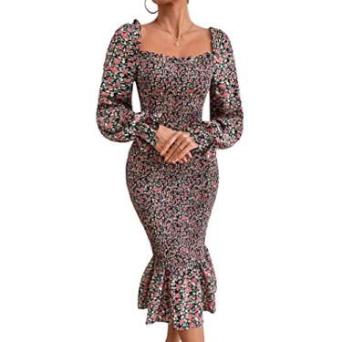 Imagem de PRETTYGARDEN Vestido feminino longo manga bufante floral midi colado ao corpo decote quadrado plissado sereia vestido franzido, Preto, laranja, GG