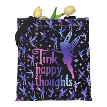 Imagem de MAOFAED Bolsa de presente Fairy Tinker Happy Thoughts para compras, viagem, presente de sininho, Tink Happy, 12.9"L x 8.6"W 0.2"H, Tendência