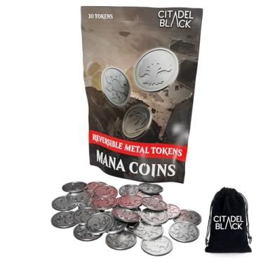 Imagem de Citadel Black MTG Reversible Mana Coins - Set of 30 Metal Tokens with Drawstring Storage Pouch, Antique Silver Finish, Designed for Magic: The Gathering