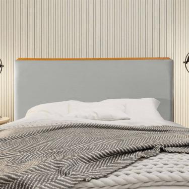 Imagem de Cabeceira Cama Box King 1,93m Estofada Detalhe em Madeira Java Veludo Cinza Claro