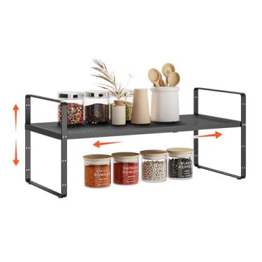Imagem de DPZM Prateleira expansível para balcão de cozinha, prateleiras empilháveis para armários de cozinha, prateleira ajustável de metal preto para temperos, organizador de bancada para armário de cozinha,
