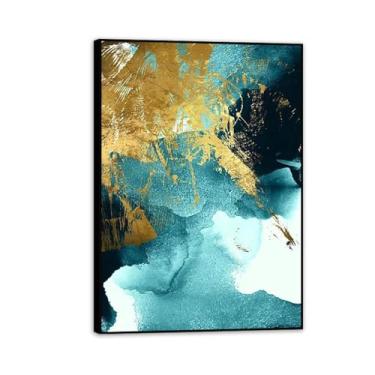Imagem de Pintura em tela com textura de mármore verde dourado abstrato, pôsteres e impressões imagens de arte de parede para sala de estar, escritório, decoração de casa, 85 x 60 cm (33 x 24 pol), moldura