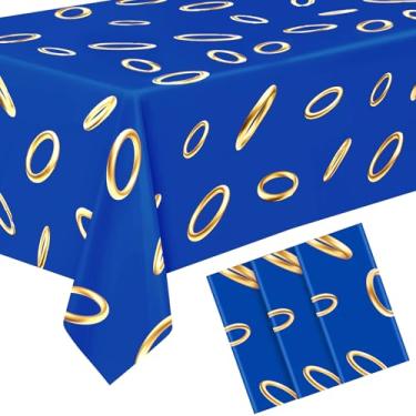 Imagem de Oudain 3 peças de toalha de mesa de plástico azul com estampa de anel de ouro, 272 x 137 cm, capa de mesa de tinsel de desenho animado para videogames, decoração de festa com tema de aniversário