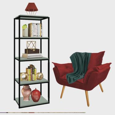 Imagem de Kit Poltrona Fatte com Manta Soft Verde e Estante Livreiro Ferro Preto mdf Verde Oliva Suede Vermelho - Ahazzo Móveis