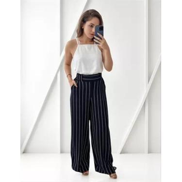 Imagem de Calça Feminina Pantalona Listras - FIA MODAS, Preto, M VESTE 42