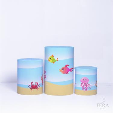 Imagem de Trio de Capa Cilindro para Festa Infantil Veste Fácil C/elástico Fundo do Mar