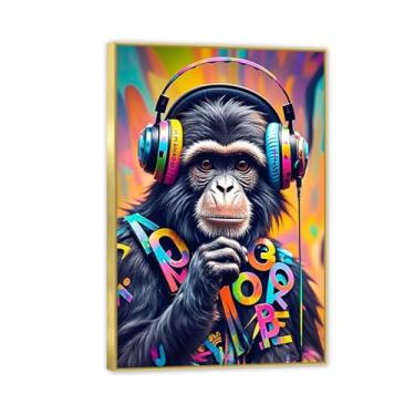Imagem de Macaco gorila animal pintura inspiradora imagens pôsteres impressões arte macaco ouvir música grafite banksy arte de parede para sala de estar escritório decoração de parede 30x20 cm (30.5x20.3 cm
