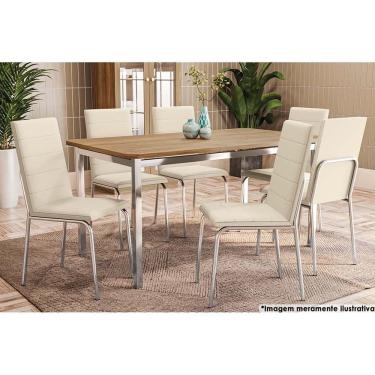 Imagem de Mesa De Sala Jantar Reno C- Tampo Madeira 160cm + 6 Cadeiras Amsterdã Cromada - Assento Nude 16 - Kappesberg