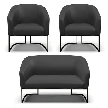 Imagem de Sofá Namoradeira E 2 Poltronas Base Industrial Preto Stella Corino D03 - D'rossi Cor Preto
