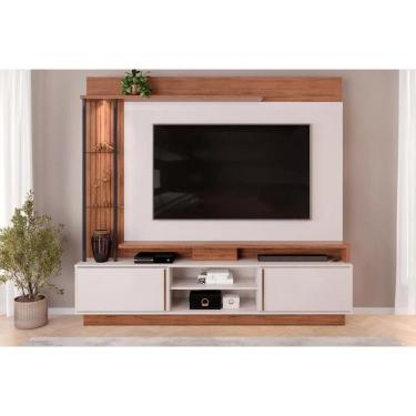 Imagem de Rack Bancada C/ Painel P/ Tv Até 70 Polegadas Martino Prateleira Nichos E Rodapé 200x185cm Freijó/off White - Dj Móveis