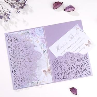 Imagem de Mabbcoo Convite de casamento de 50 peças, convites personalizados cortados a laser com envelopes e cartões Rsvp para noivado, festa de quinze anos, chá de bebê, aniversário - roxo