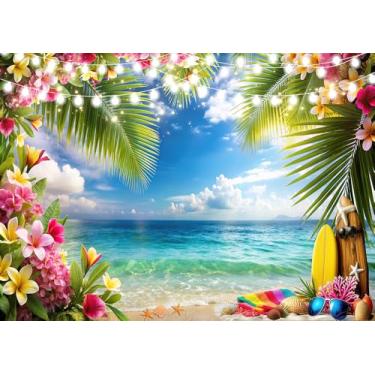 Imagem de CYLYH 2,1 x 1,5 m verão Havaí praia fotografia pano de fundo palmeiras tropicais céu azul oceano prancha de surf flores fundo colorido flores tropicais decorações fundo D907