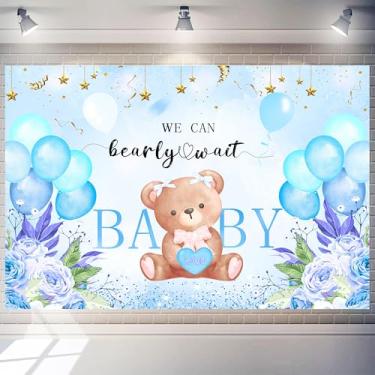 Imagem de Pano de fundo We can Bearly Wait 2,1 x 1,5 m azul boho chá de bebê decoração revelação de gênero menino para recém-nascidos batismo festa de aniversário banner suprimentos de fotografia