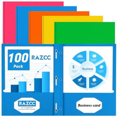 Imagem de Duas pastas de bolso, RAZCC pacote com 100, dois bolsos com pinos, pastas de 3 pinos para papel tamanho carta, pastas de arquivo de papel de bolso para escola, escritório, casa, negócios, sortidas, 5