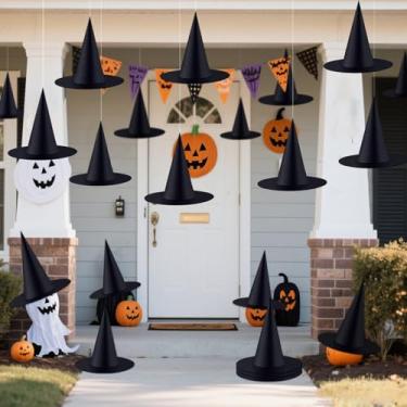 Imagem de Halatool 24 Pieces Witch Hats Halloween Party Favors, Indoor Outdoor Costume Accessories Hanging Black Witch Hat with 98 Feet Hanging Rope for Halloween Party Decoration