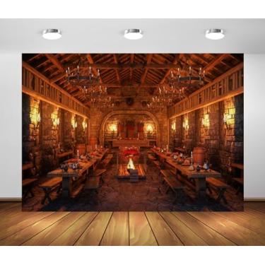 Imagem de BELECO Tecido de 2,4 x 1,8 m Castelo Medieval Grande Salão Pano de Fundo Antigo Sala de Jantar com Tochas Fundo de Festa Tema Medieval Decoração de Festa Adereços de Estúdio de Sessão de Fotos
