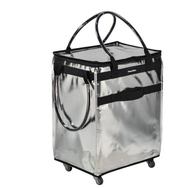 Imagem de Sacola reutilizável de supermercado com rodas grande capacidade carrinho de compras dobrável com alça resistente para viagens (prata, grande)