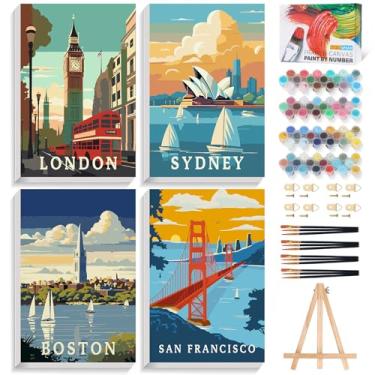 Imagem de Kit de pintura por números para adultos com moldura de paisagem urbana, pintura emoldurada por número para adultos iniciantes com cavalete de madeira, pintura DIY por números em tela emoldurada para