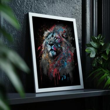 Imagem de Quadro Decorativo Com Moldura Leão Colorido Tinta Abstrata Arte Moderna Animal Selvagem Parede Sala Escritório Quarto Presente