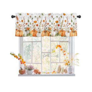 Imagem de Cortina de Dia de Ação de Graças de Abóbora para Janelas Flores Silvestres Laranjas Folhas Verdes Valance Rod Pocket Cortinas Curtas para Cozinha Banheiro Sala de Estar Quarto, 1 Painel, 137 x 45 cm