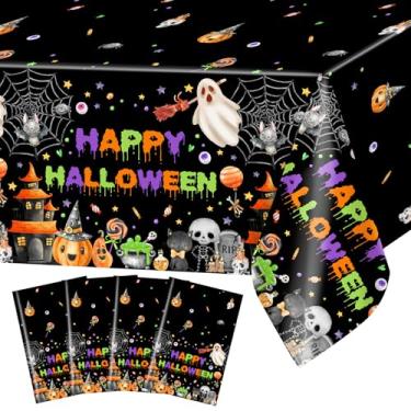 Imagem de Avezano 4 peças de toalha de mesa Happy Halloween fofa abóbora fantasma toalha de mesa preta descartável para decorações de festa de Halloween 272 x 137 cm