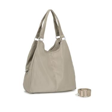 Imagem de Bolsa Nylon Feminina para Faculdade, Trabalho, Academia e Uso Diário - Bolsa Universitária Lateral de Ombro Impermeável Dia a Dia Casual (Bege, Grande)