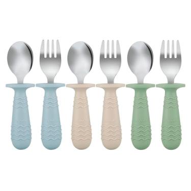 Imagem de PandaEar 6 peças de utensílios de silicone de aço inoxidável para bebês, garfo, colher para bebês, sem BPA, com design antiestrangulamento de silicone (azul verde bege)