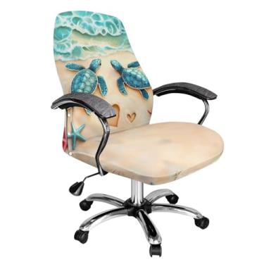 Imagem de Talayituse Capa de cadeira de escritório com estampa de coração de estrela do mar de tartaruga de praia extensível capa de cadeira de mesa jacquard xadrez grossa capa de assento de escritório