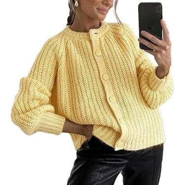 Imagem de Cardigan De Crochê Para Mulheres Tops Chunky Knitted Crew Neck Long Sleeve Button Down Jackets Open Front, Yellow, L