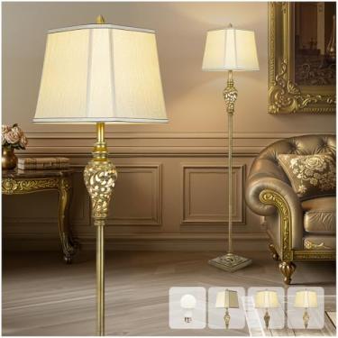 Imagem de Luminária de chão vintage para sala de estar, lâmpada de 165 cm de altura com luz noturna e sombra de seda sintética bege, lâmpada de fazenda para quarto, canto de escritório ou estudo, decoração de